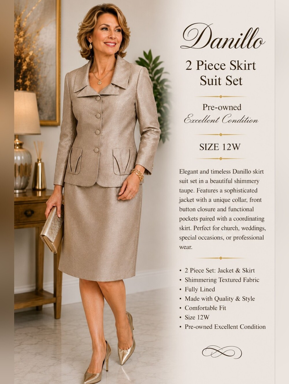 Danillo Shimmer Taupe 2 Piece Skirt Suit Set Women’s Size 12W EUC